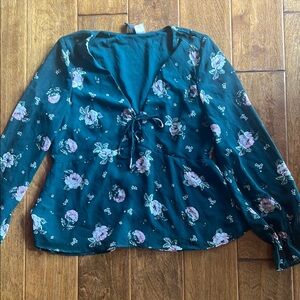 Divided Green Tie Front Blouse with Long Sleeves